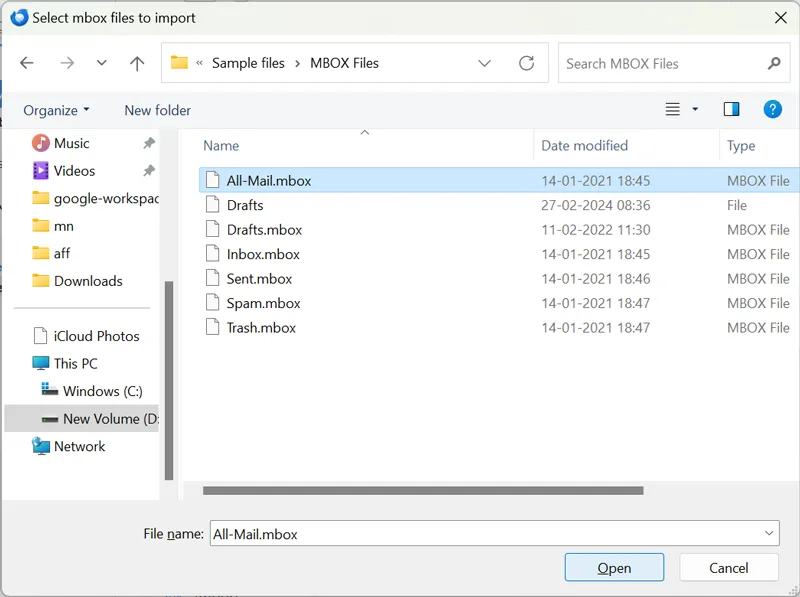 choose mbox file