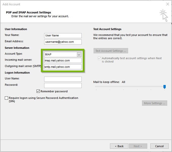 enter imap details