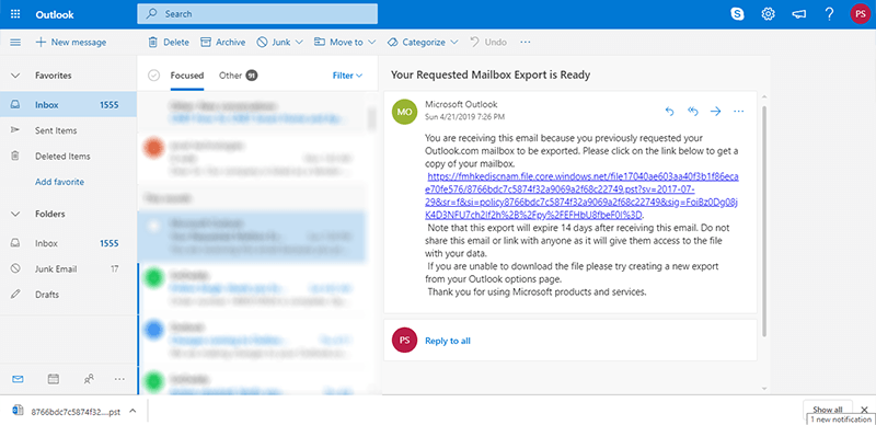 click th llink to download exported pst file from office 365