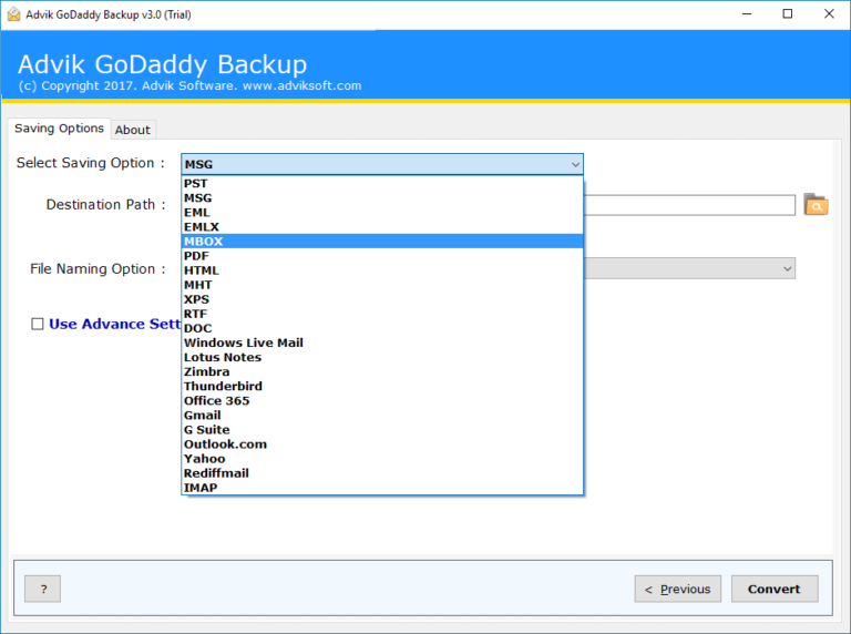 convert godaddy email to mbox file