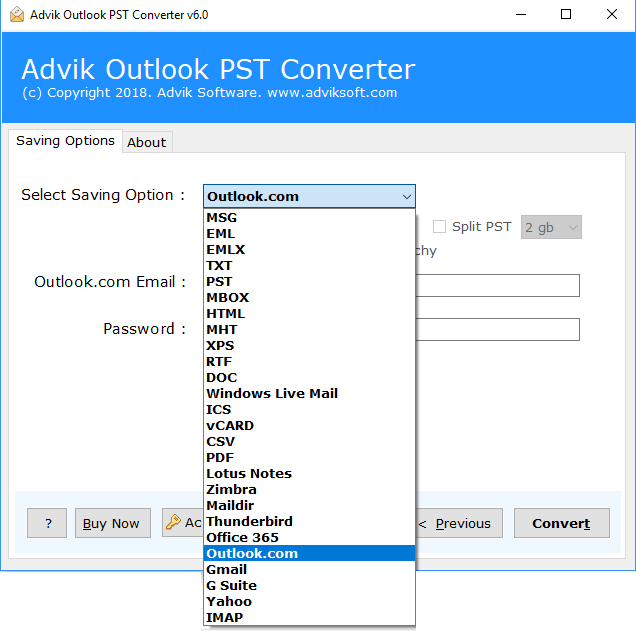 Choose Outlook.com as a saving option