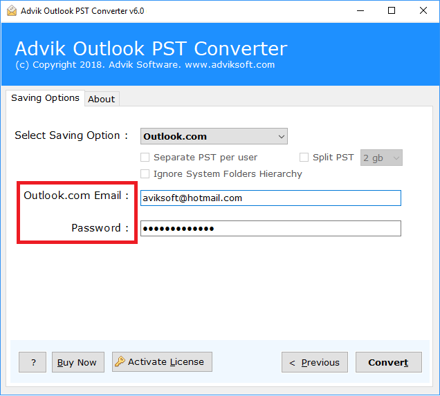 click convert to import pst to hotmail