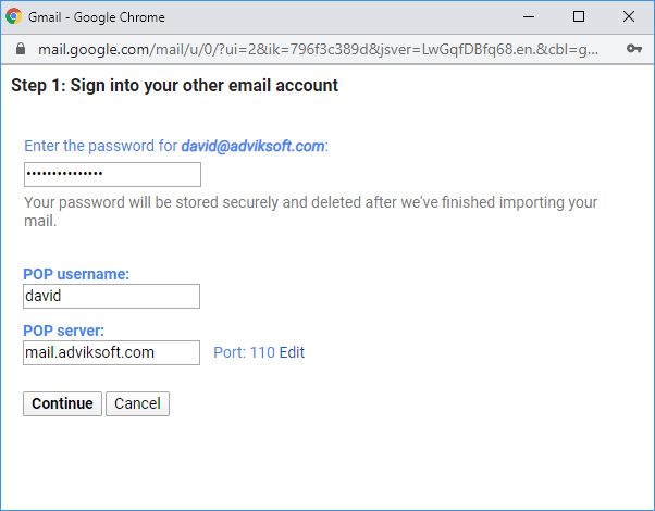 enter outlook.com account details and click continue to import outlook.com to gmail