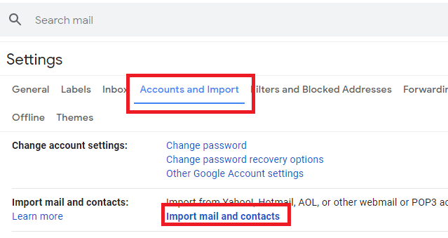 choose accounts and import tab