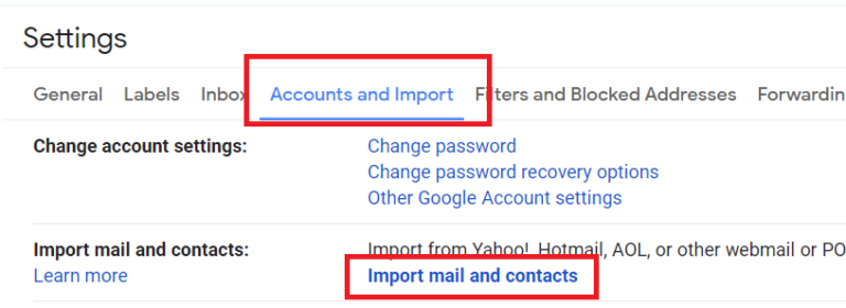 go to account and import option for icloud to gmail migration