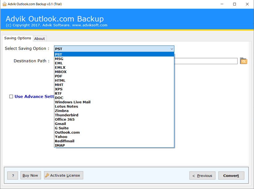 Select the backup file format to backup hotmail emails