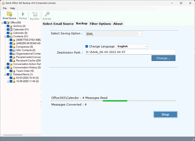 click backup to export office 365 emails to eml