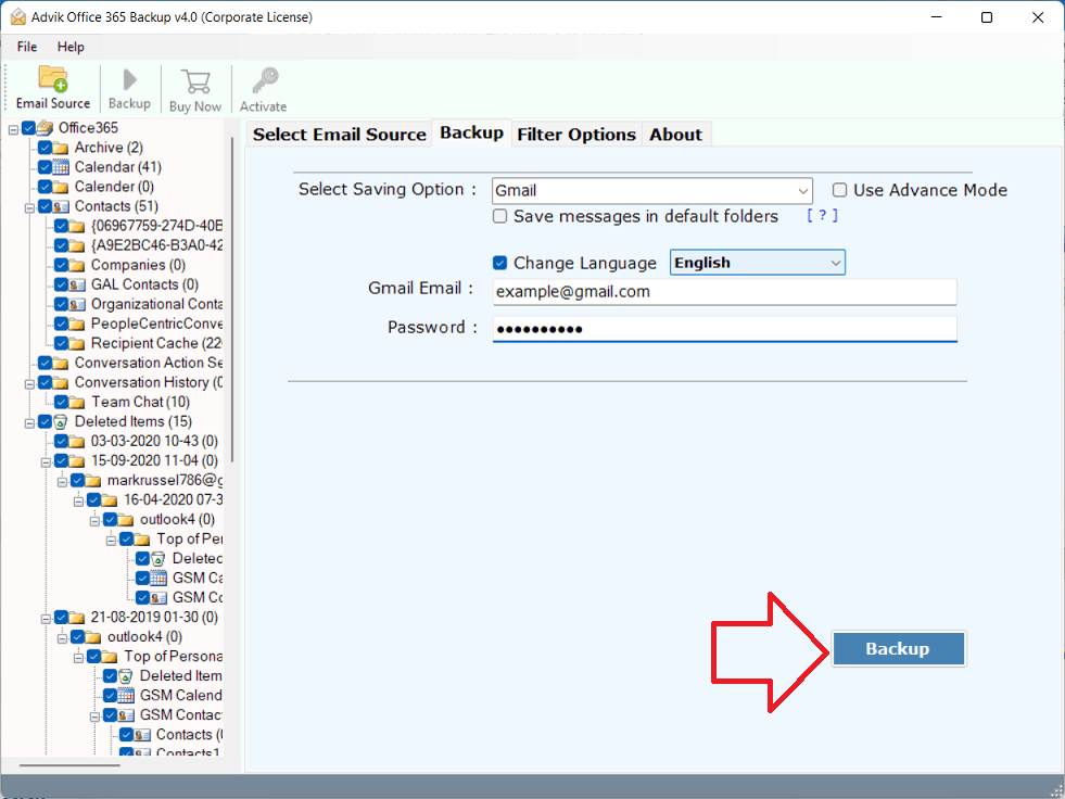Enter Gmail credentials & click Backup to transfer outlook 365 to gmail