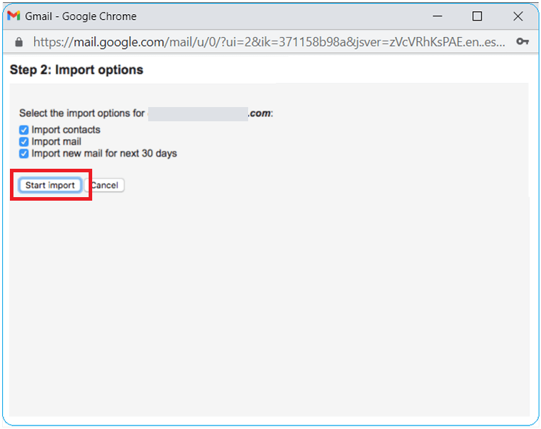 click Start import to transfer emails from outlook 365 to gmail