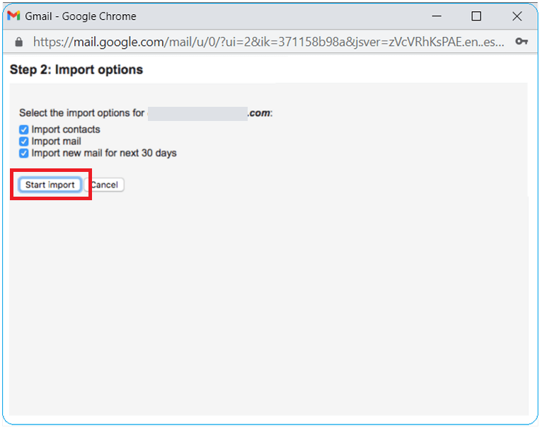 click Start import to transfer emails from outlook 365 to Gmail