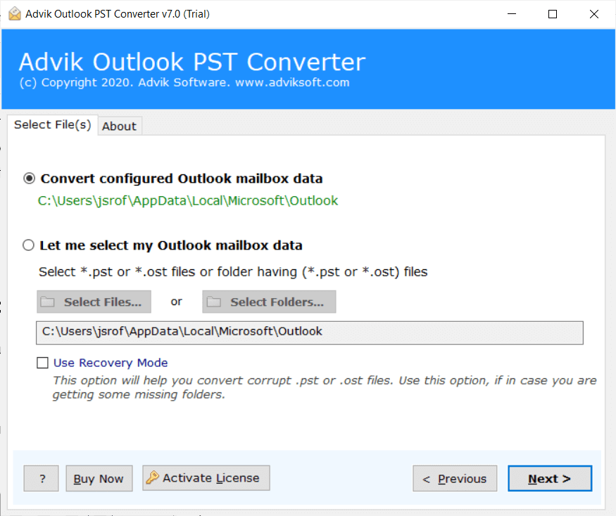 click Convert Configured Outlook mailbox data