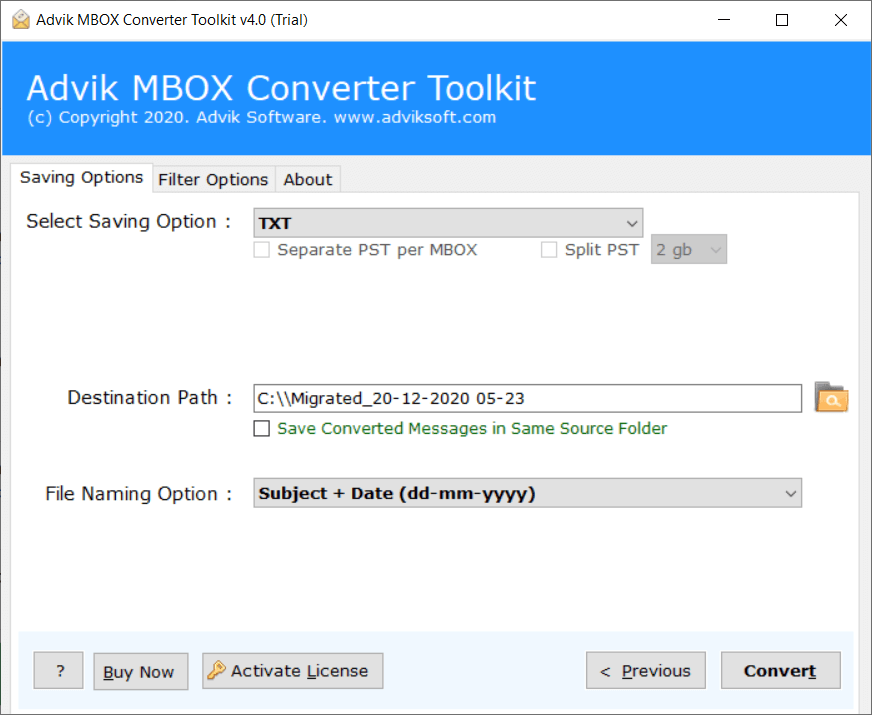 choose location to save extracted emails fom mbox file