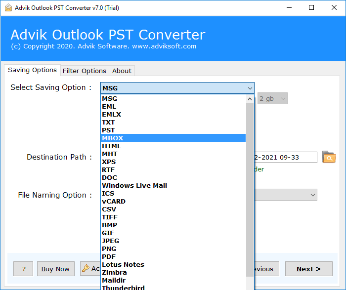 Choose MBOX as a Saving option