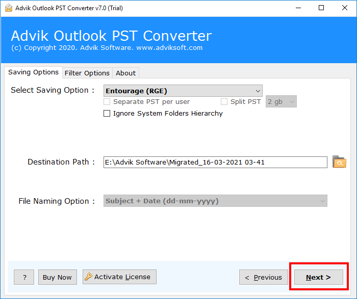 click convert button to export emails from outlook to entourage