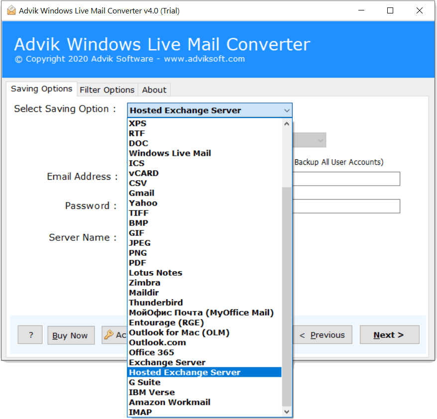 select hosted exchange server as a saving option