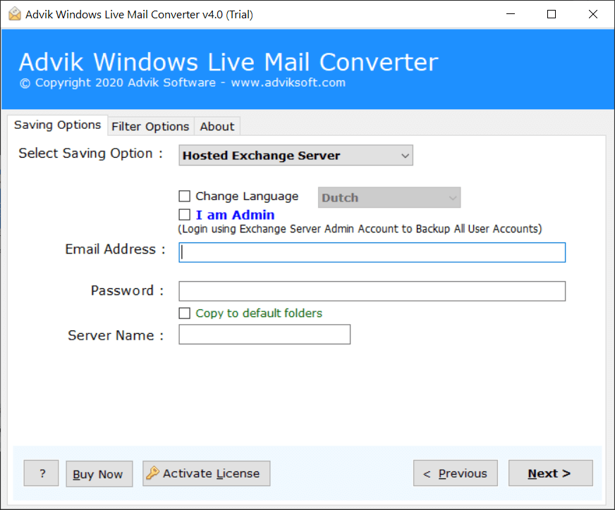 enter exchange online account details and click next button to migrate from windows live mail to hosted exchange