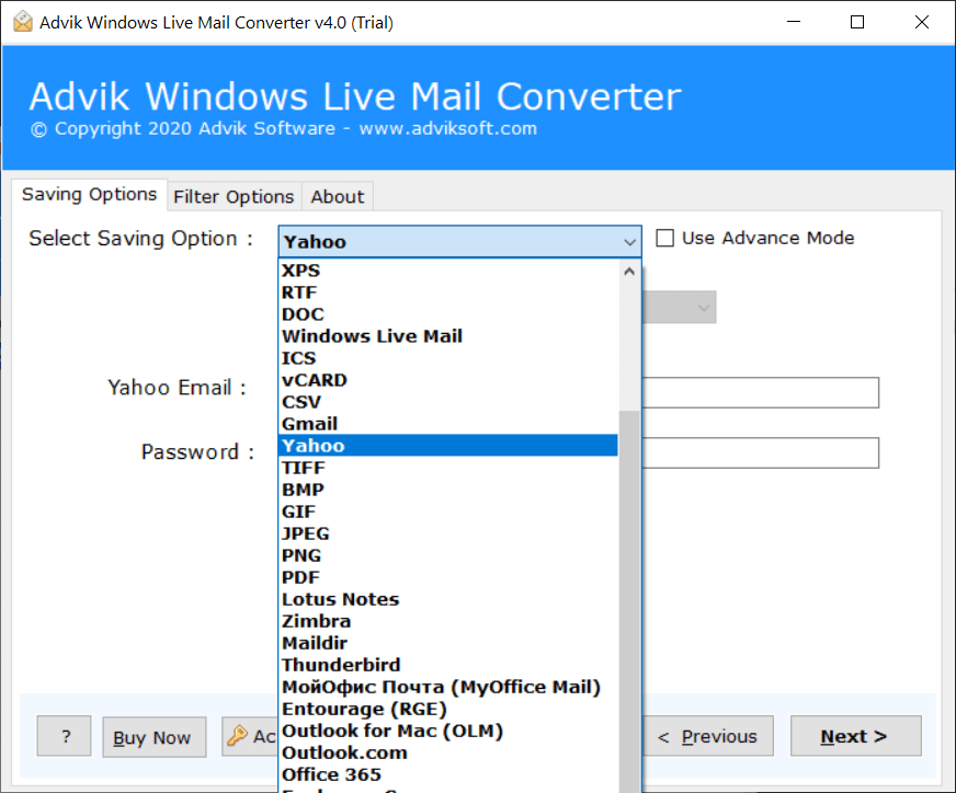 select Yahoo Mail as a saving option