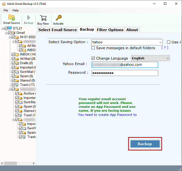click backup to import gmail to yahoo mail