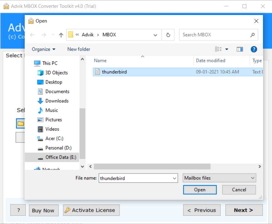 select thunderbird mbox file