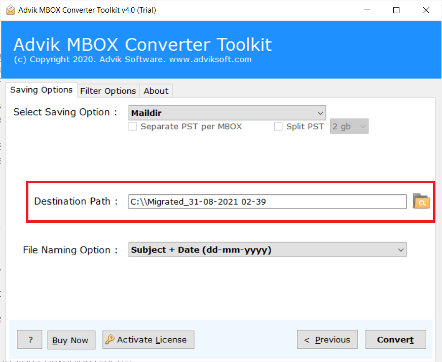 chosee destination path to convert mbox to maildir