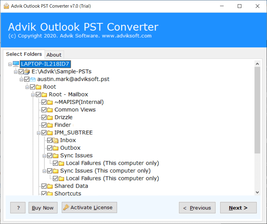 Choose mailbox folders from PST 