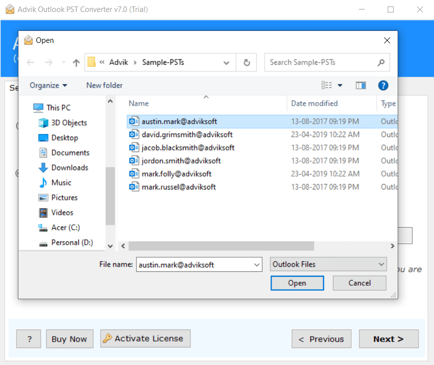 Browse and locate Outlook .pst file