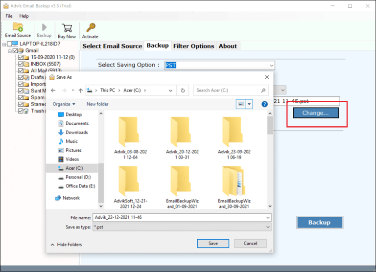 choose location to export google workspace to pst