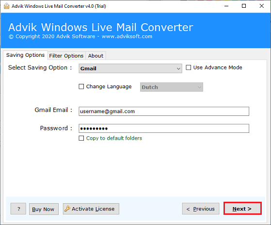 click the Next to export emails from Windows Live Mail to Gmail