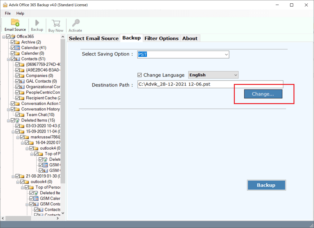 set destination path to export pst from office 365 admin center