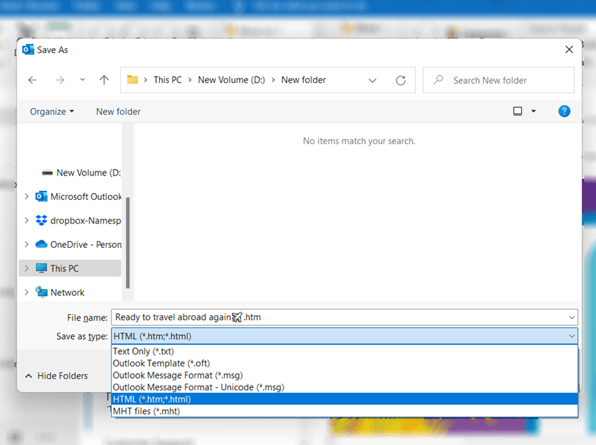 download outlook emails as HTML