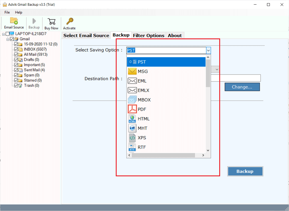 Choose file format to save emails