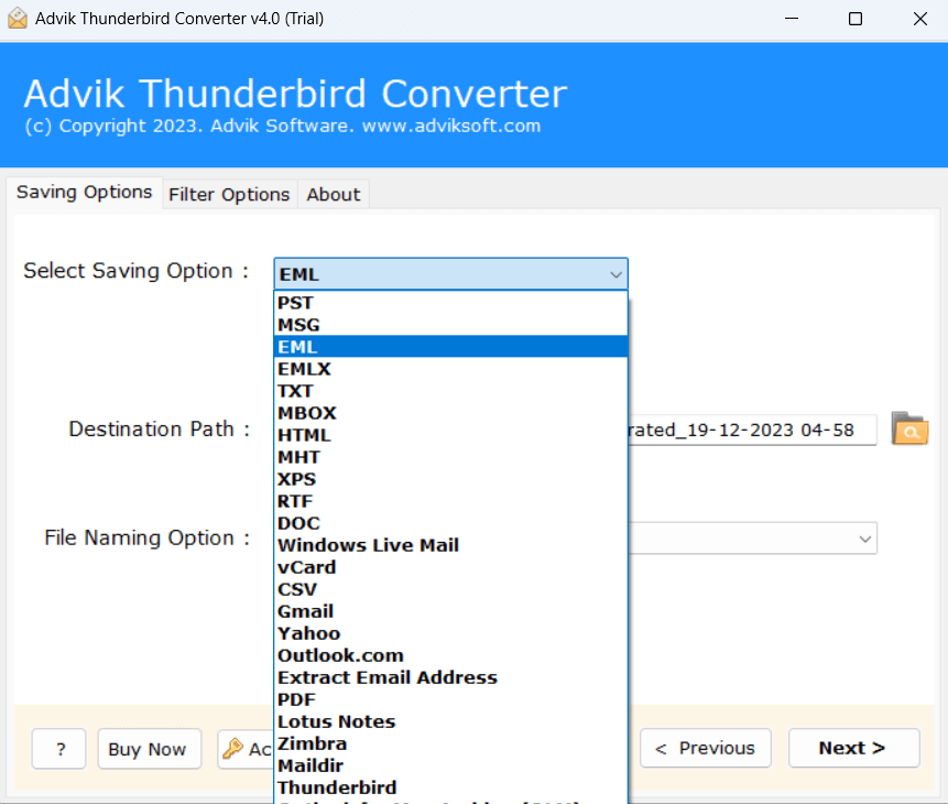 select EML as saving option