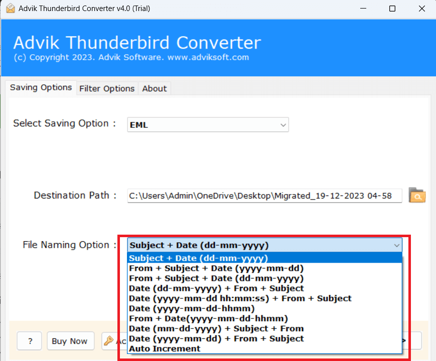 save thunderbird emails as eml with different file naming options
