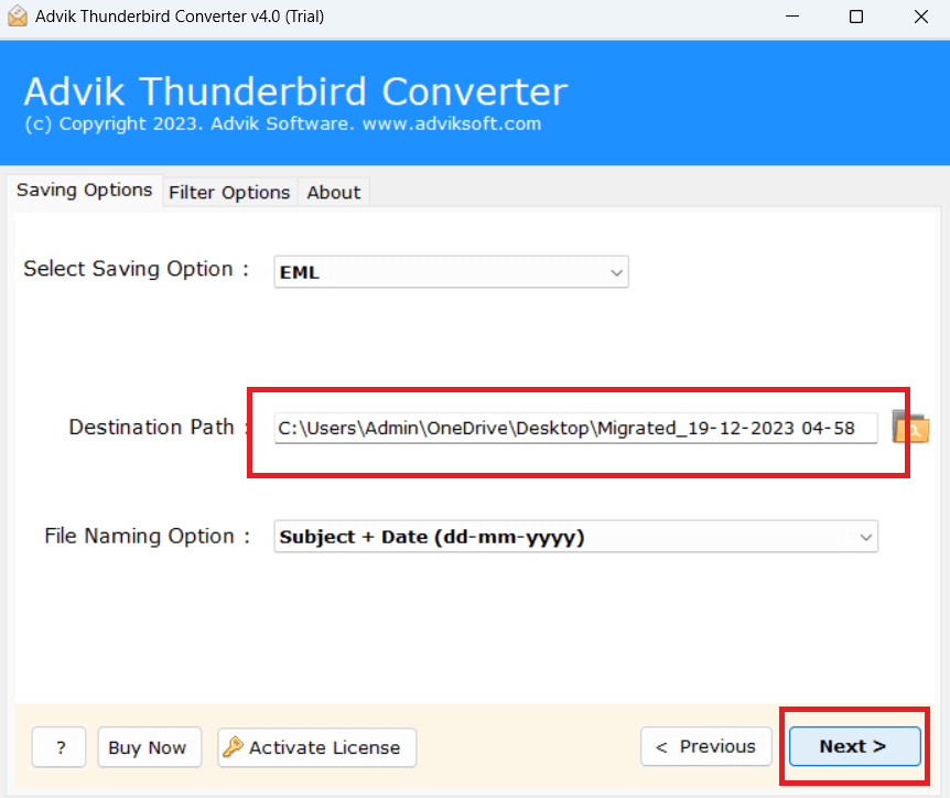 click next to export thunderbird to EML files 