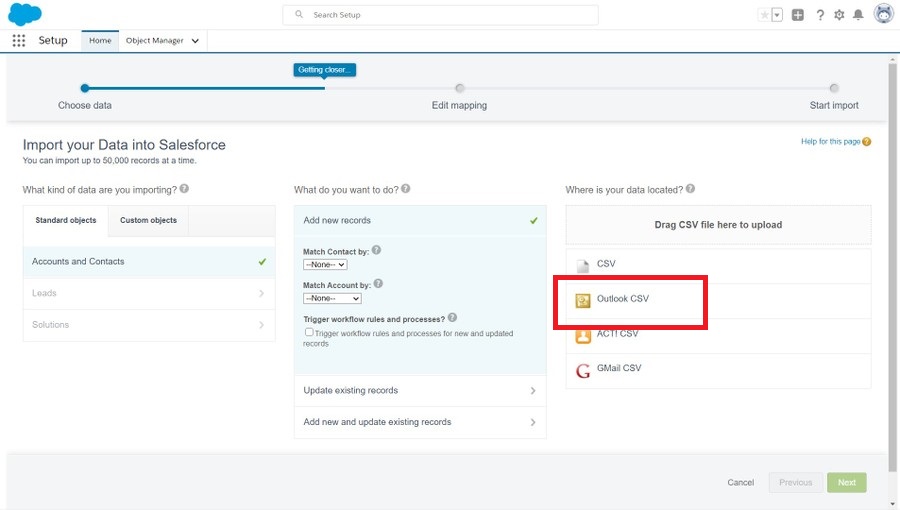 transfer contacts from outlook to salesforce