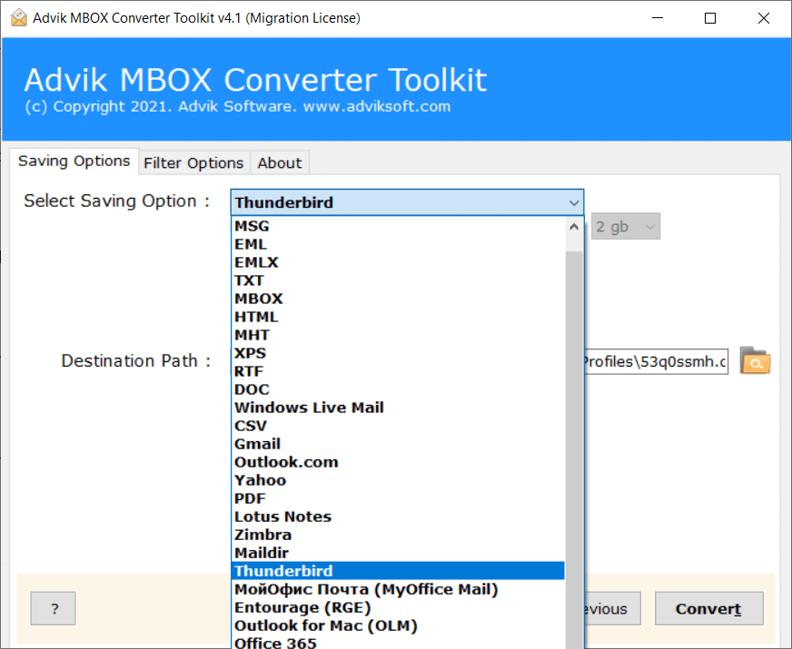 Select Thunderbird from the saving options