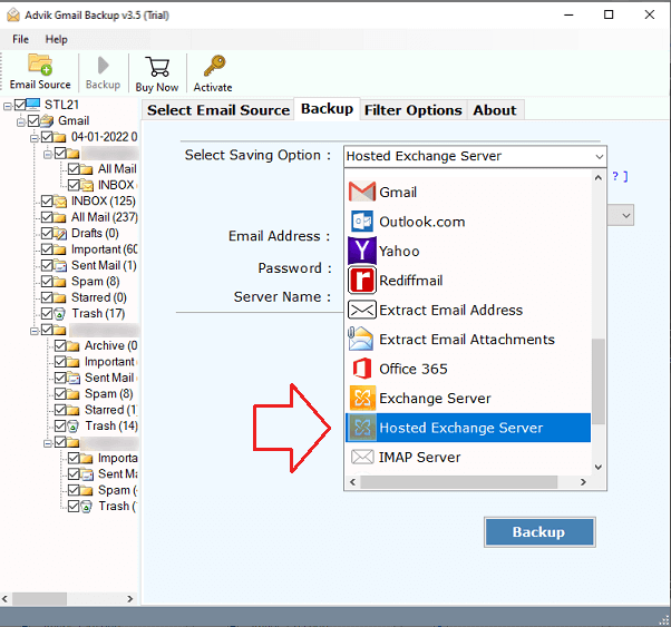 select hosted exchange server as a saving otion