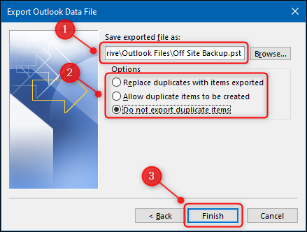 browse location to export capnel to pst