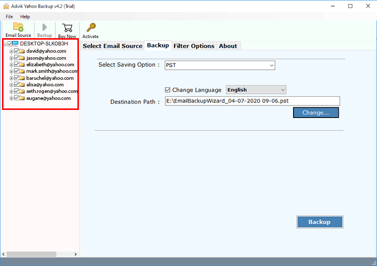 Choose mailbox folders for backup multiple yahoo email accounts
