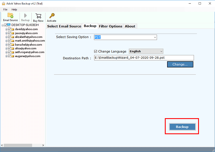click the Backup to export multiple yahoo email accounts