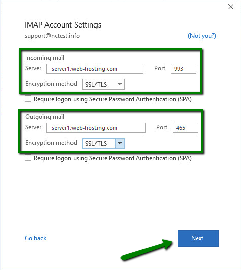 cpanel imap server settings