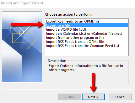 exportieren nach a pst-Datei
