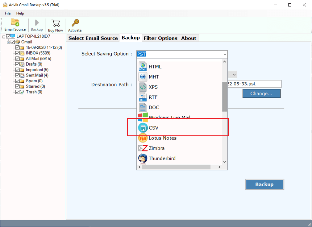 select CSV from the list