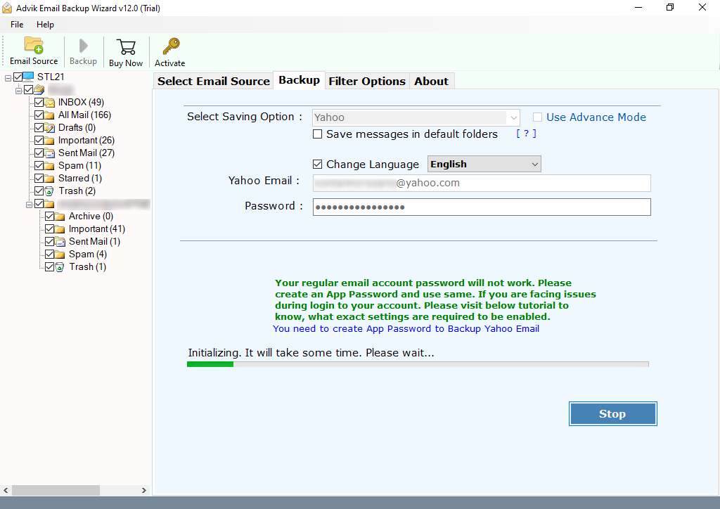 Click Backup to migrate Rogers emails to Yahoo