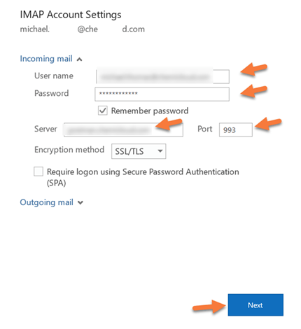 enter IMAP settings details