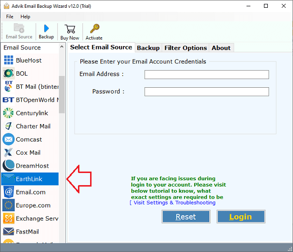 select EarthLink as an email source