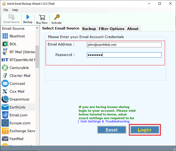 Enter your EarthLink email account credentials & click the Login
