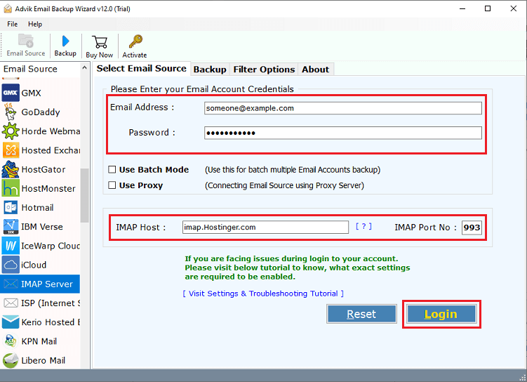 select IMAP Server and enter hostinger accont details