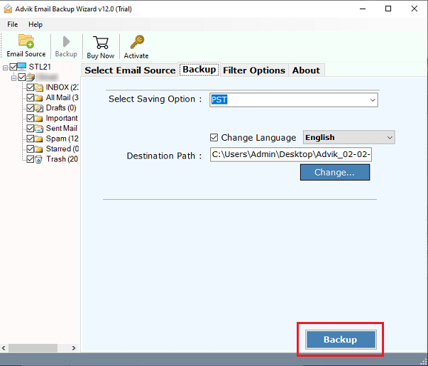 click backup to download axigen emails