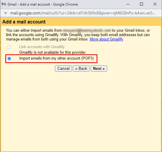 select Import emails from my other account (POP3)